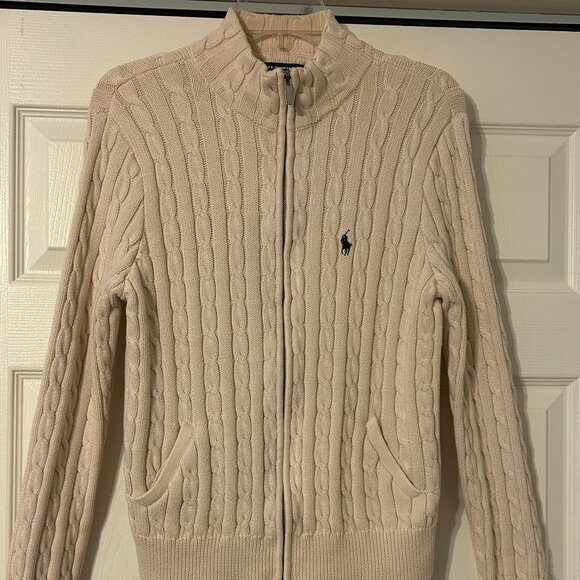 RALPH LAUREN Sz XL Cream Cable Knit with Embroidered Logo Zipper Sweater - Picture 2 of 7